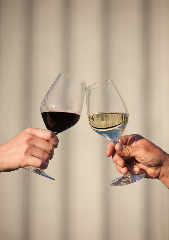 A glass of white wine and a glass of red wine, toasting together