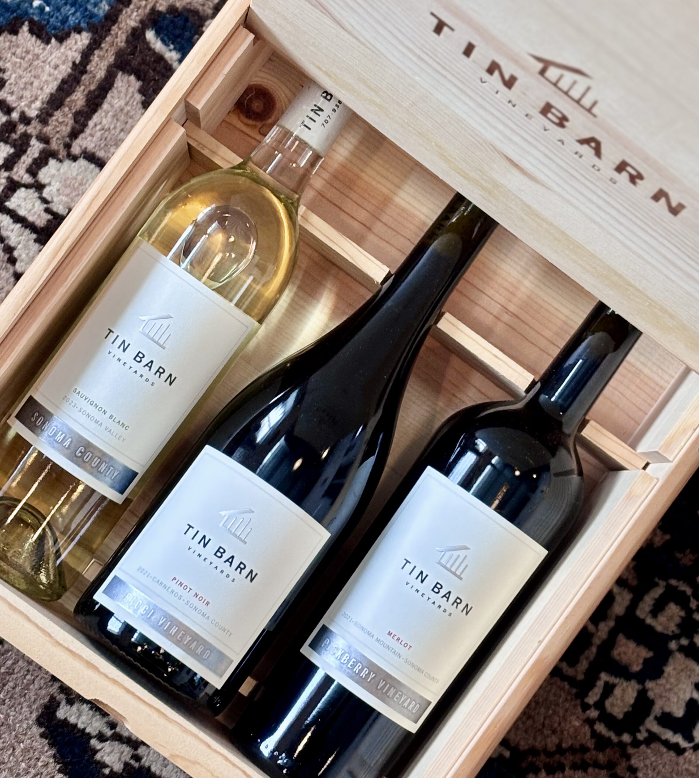 Gift box set of Tin Barn Wines, Sauvignon Blanc, Pinot Noir, and Merlot